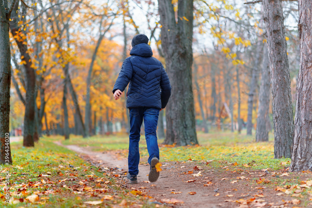 a boy running through the park and enjoys autumn, beautiful nature with yellow leaves a boy running through the park and enjoys autumn, beautiful nature with yellow leaves