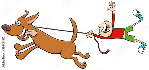 dog pull kid on leash cartoon illustration