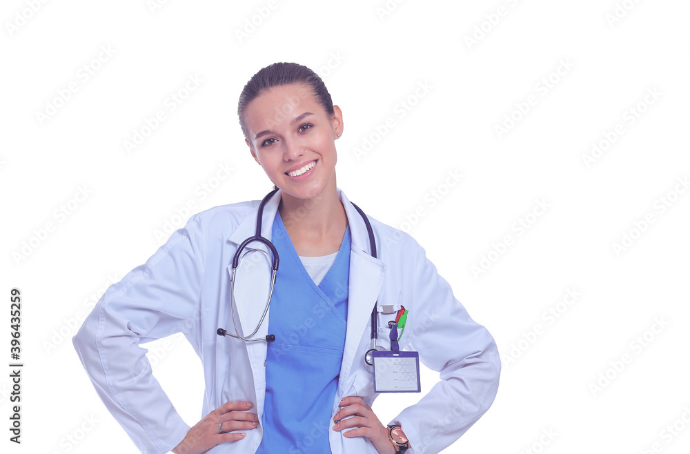 Beautiful young woman in white coat posing with hand in pocket. Woman doctor Beautiful young woman in white coat posing with hand in pocket. Woman doctor
