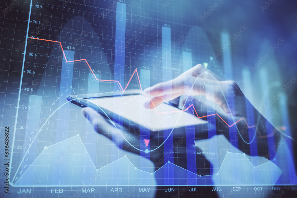 Double exposure of forex chart sketch hologram and woman holding and using a mobile device. Financial market concept. Double exposure of forex chart sketch hologram and woman holding and using a mobile device. Financial market concept.