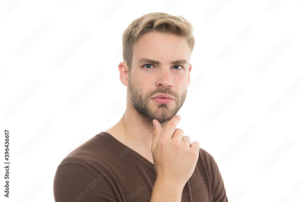 unshavem handsome confident man with stylish hairdo and casual wear isolated on white, mens beauty unshavem handsome confident man with stylish hairdo and casual wear isolated on white, mens beauty