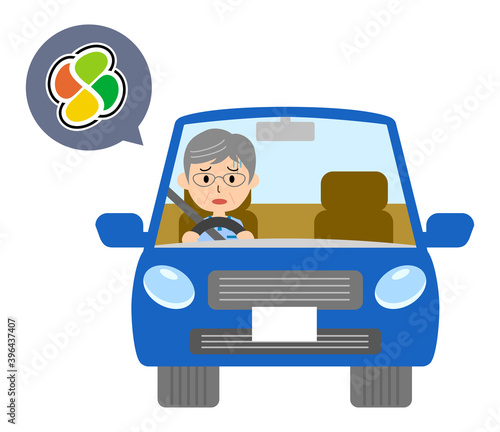 高齢者マークで青い自動車を運転する男性のベクターイラスト