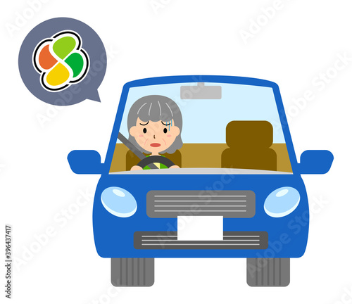 高齢者マークで青い自動車を運転する女性のベクターイラスト
