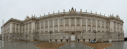 Heritage. Monumental architecture and design. Panorama view of the Royal Palace of Madrid baroque facade in Madrid. Spain. 