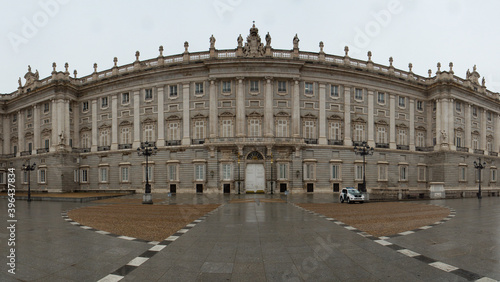Heritage. Monumental architecture and design. Panorama view of the Royal Palace of Madrid baroque facade in Madrid, Spain.