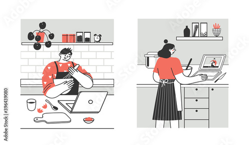 Young people, adults prepare food at home via laptop or tablet. Spending time in the kitchen, cooking training, hobby. Preparation of homemade meals.