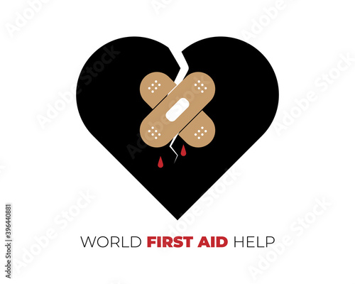 Cracked heart with patch on the crack. Broken heart repair and restore by patch, rehabilitation and therapy with love. Vector illustration, good print for the card and t-shirt