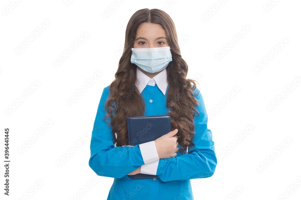 girl nurse hold notebook for prescription. teen doctor in safety mask. hygiene on coronavirus pandemic. scientist create virus vaccine. epidemic outbreak quarantine. covid-19 and healthcare girl nurse hold notebook for prescription. teen doctor in safety mask. hygiene on coronavirus pandemic. scientist create virus vaccine. epidemic outbreak quarantine. covid-19 and healthcare