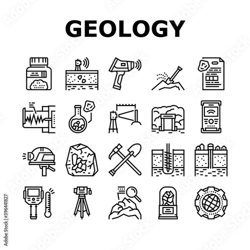 Geology Researching Collection Icons Set Vector. Gyro Theodolite And And Laser Level, Field Controller And Thermal Imager Geology Equipment Black Contour Illustrations
