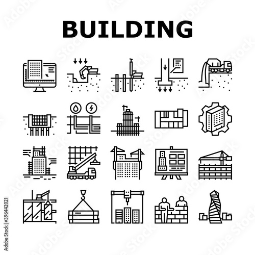 Building Construction Collection Icons Set Vector. Excavation And Footing Reinforcement, Columns Casting And Windows Installation, Building Process Black Contour Illustrations