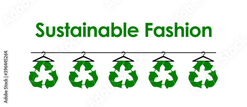 Sustainable fashion text with recycle clothes icons on hanger, reduce waste concept photo