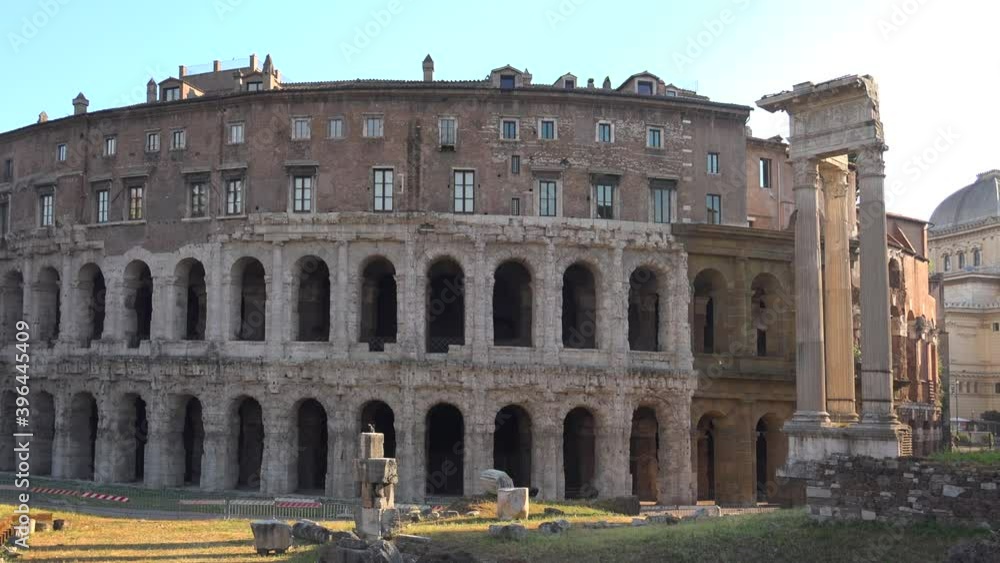 Theater of Marcellus Amphitheatre Building in Medieval Old Europe.Structure Corinthian columns middle ages along arcades arcade wall exposed Savelli Fabii Pier Leoni opus reticulatum doric Ionic 4K. Theater of Marcellus Amphitheatre Building in Medieval Old Europe.Structure Corinthian columns middle ages along arcades arcade wall exposed Savelli Fabii Pier Leoni opus reticulatum doric Ionic 4K.