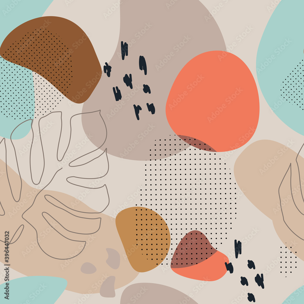 Abstract arts background in pastel colors. Colorful seamless patern with hand drawn various shapes and line art objects. Contemporary modern trendy vector illustrations.