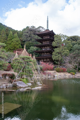 The five-storied pagoda of Rurikoji, which is scenic with the autumn leaves photo