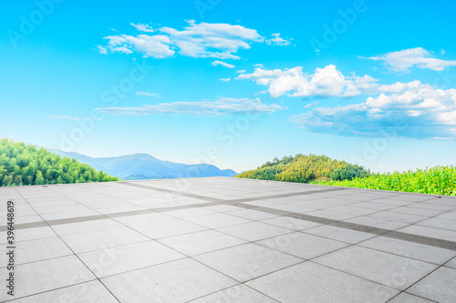 Empty square floor and green mountain with bamboo forest natural landscape.
