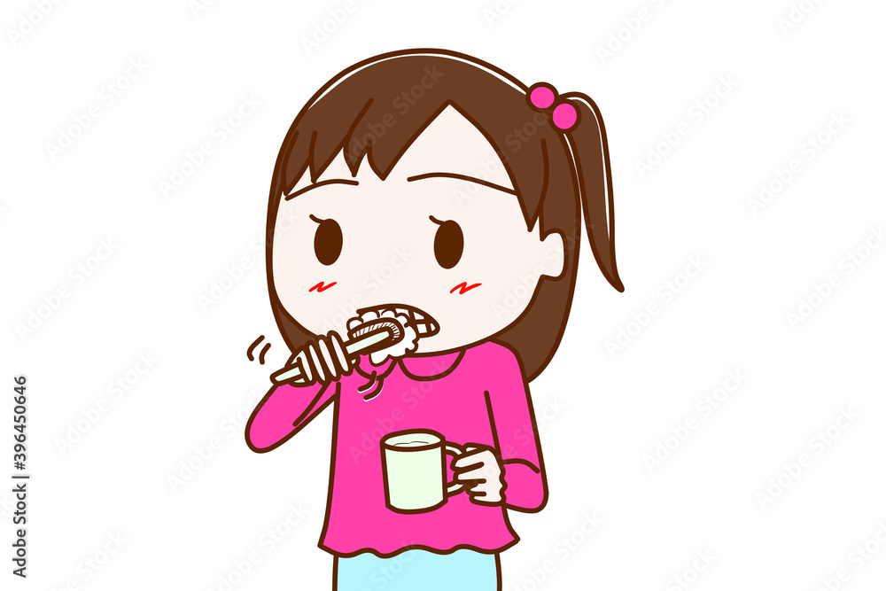 ゴシゴシと歯ブラシで歯を磨く少女 ゴシゴシと歯ブラシで歯を磨く少女