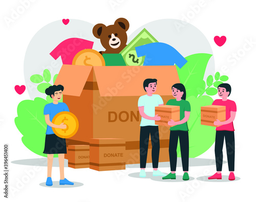 Humanitarian aid, people donate clothes, money with love flat design