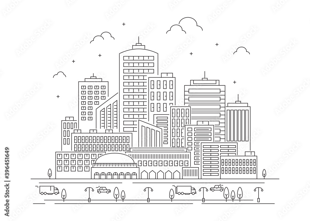 Illustration city line with car in white background