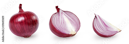 A set of whole and sliced red onion isolated on white background. photo