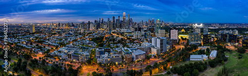 Panoramic view of the beautiful city of Melbourne as captured from above Albert Park Lake at sunset