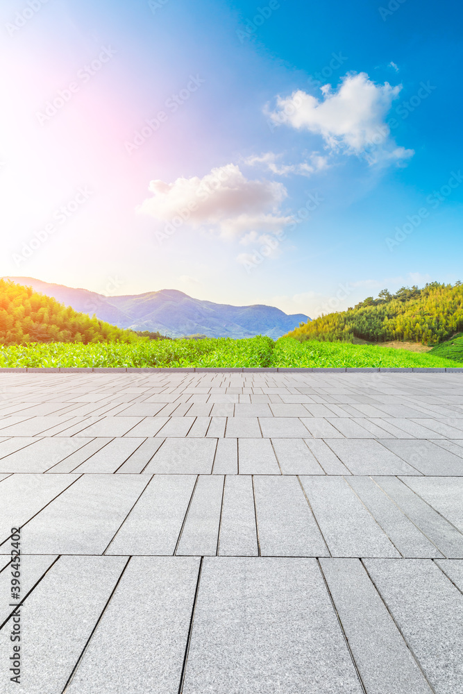 Empty square floor and green mountain with bamboo forest natural landscape.