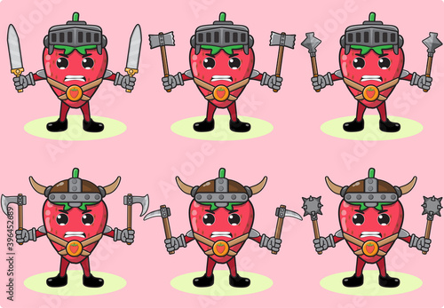 Illustration vector graphic cartoon character of Strawberry fruit knight and viking with dual weapon set . Hand up pose set. Cute and funny fruit set vector illustration