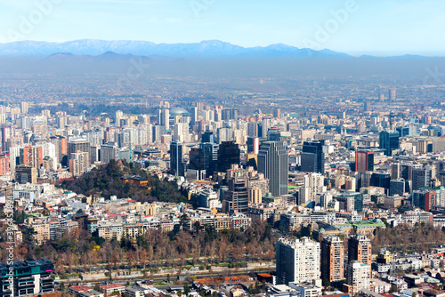 Overview of Santiago  Chile in Latin America in a sunny day. The city is located very close to the Andes Mountains.