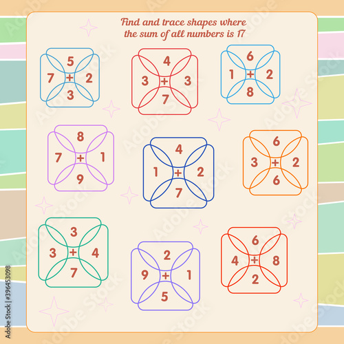  Math game for children. Development of oral counting skills. Find and trace shapes where the sum of all numbers is 17.