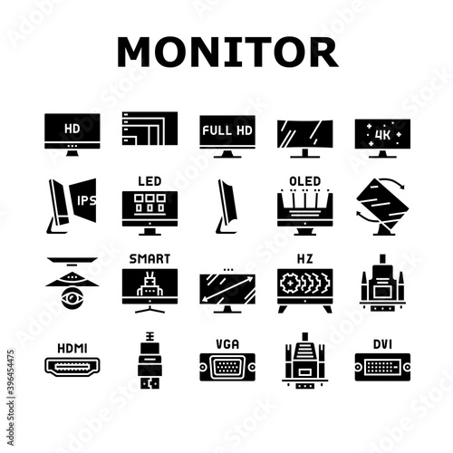 Computer Pc Monitor Collection Icons Set Vector. Full Hd And 4k Resolution, Oled, Ips And Led Display, Hdmi, Vga And Dvi Computer Screen Port Glyph Pictograms Black Illustrations