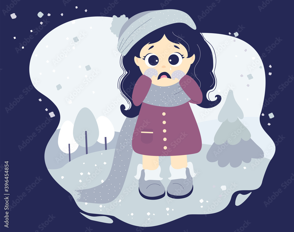 The girl is crying and upset, sad mood. Cute character in winter clothes - a hat, scarf, coat and boots on a decorative background with a winter landscape and snow. Vector. Isolated. Kids collection