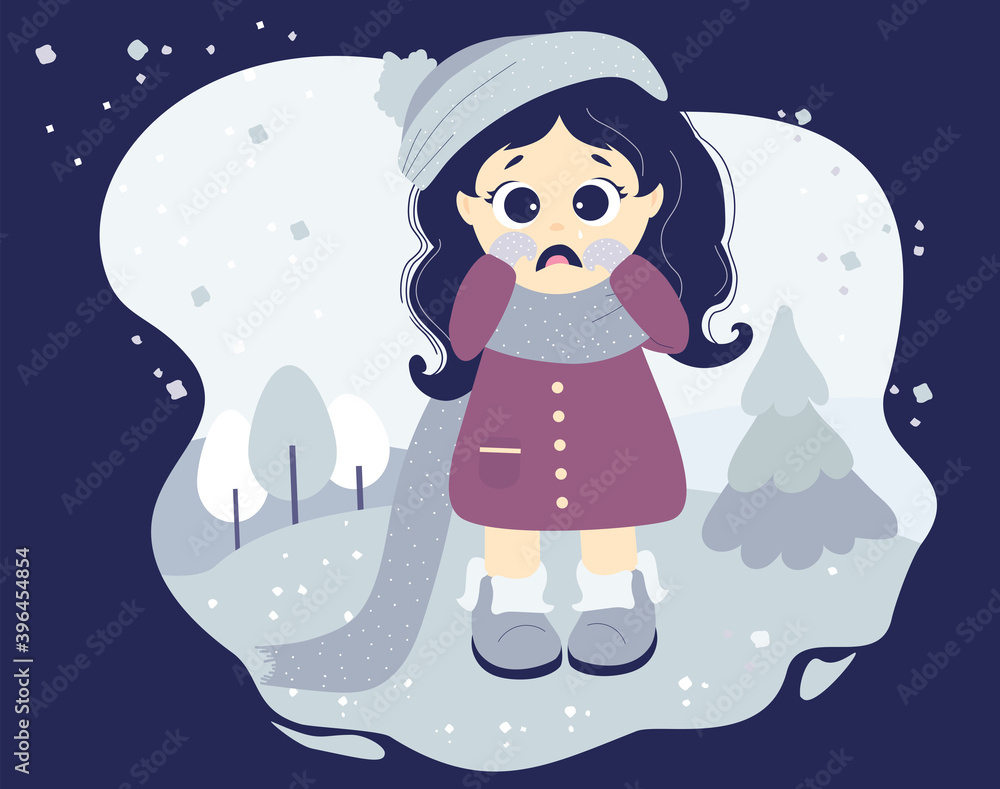Naklejka premium The girl is crying and upset, sad mood. Cute character in winter clothes - a hat, scarf, coat and boots on a decorative background with a winter landscape and snow. Vector. Isolated. Kids collection