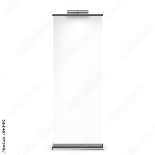Vertical roll-up banner isolated on white background. Vector 3d illustration