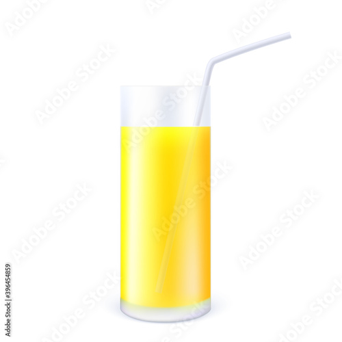 Glass of orange juice with straw isolated on white background. Vector 3d illustration