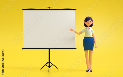 A woman standing near projector screen and pointing something. business concept. 3d rendering,conceptual image.