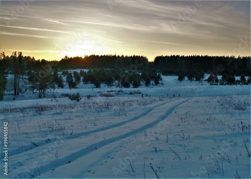 winter sunset snow road in the forest