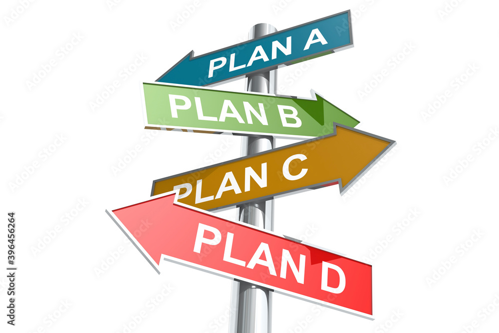 Direction street post with word plan A, B, C and D on colorful banner Direction street post with word plan A, B, C and D on colorful banner