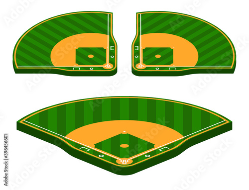 set of isometric green baseball fields with marking lines. Team sports. Active lifestyle. American national sport. Vector