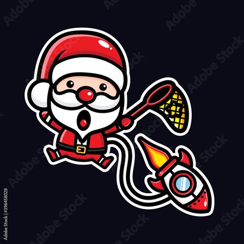 cute santa claus character flying with rocket is catching stars