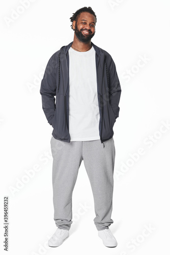 Men&#39;s white t-shirt and jacket fashion full body shot