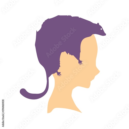 An animal or face profile view. Optical illusion. Human head with abstract rodent as haircut