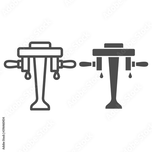 Beer pump for bar with two taps line and solid icon, Bartenders Day concept, pub equipment sign on white background, Beer tap icon in outline style for mobile concept and web design. Vector graphics.