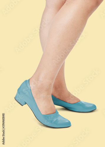 Women&#39;s fashion blue leather flat shoes apparel mockup