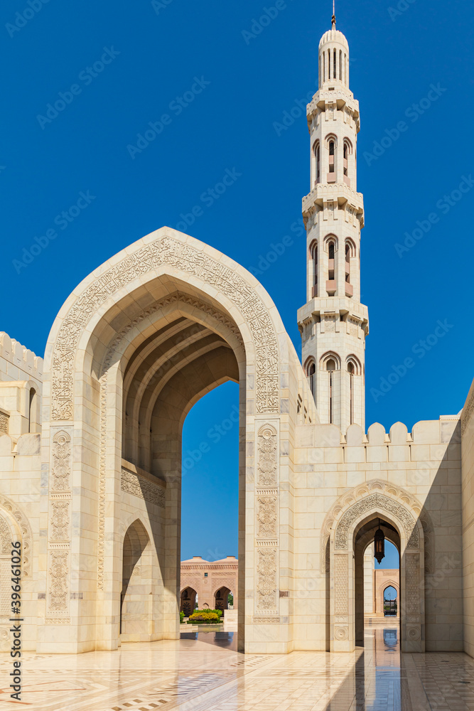 Middle East, Arabian Peninsula, Oman, Muscat. Entrance to the Sultan Qaboos Grand Mosque in Muscat.