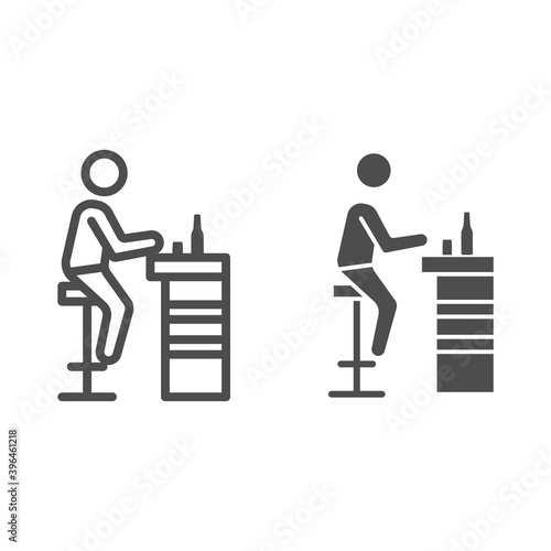 Visitor at bar line and solid icon, Bartenders Day concept, person near pub counter sign on white background, bar visitor on stool icon in outline style for mobile and web design. Vector graphics.