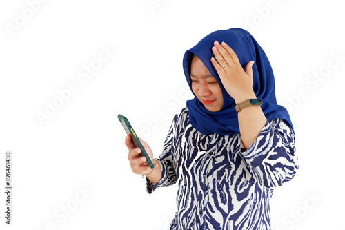 Happy hijab woman isolated on white background.
