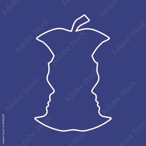 An apple or two men face profile view. Optical illusion. Human head make silhouette of fruit. Homosexual relative silhouettes