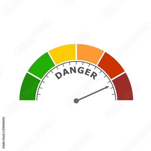 Color scale with arrow from red to green. The measuring device icon. Danger level indicator. Colorful infographic gauge element