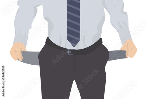 Empty pockets. The businessman has no money or is bankrupt. Human financial insolvency concept. There is no money in the pockets. Isolated image in flat style. Vector