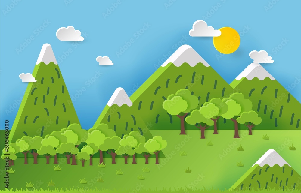 3D landspace concept design. Colorful hand crafted art. Paper cut style. Vector illustration EPS10. 