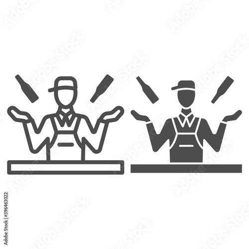 Bartender juggles drinks line and solid icon, Bartenders Day concept, Bartender juggler sign on white background, barman prepares cocktail icon in outline style for mobile and web. Vector graphics.